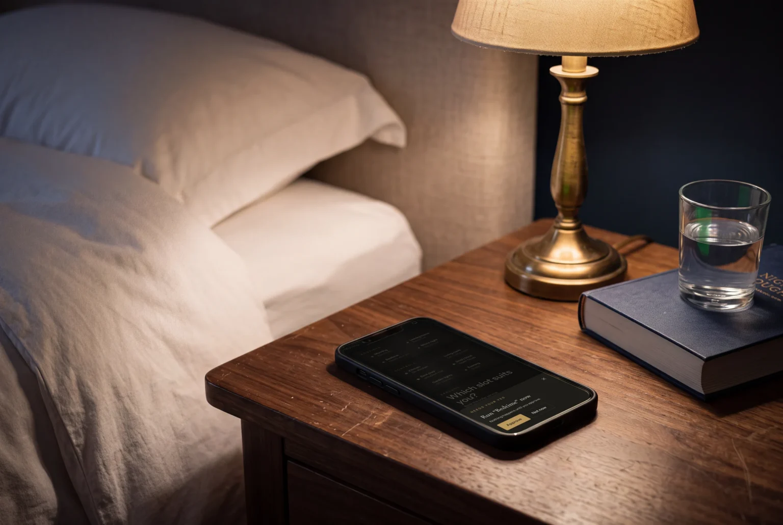 A phone on a walnut bedside table at night, asking to run Bedtime.