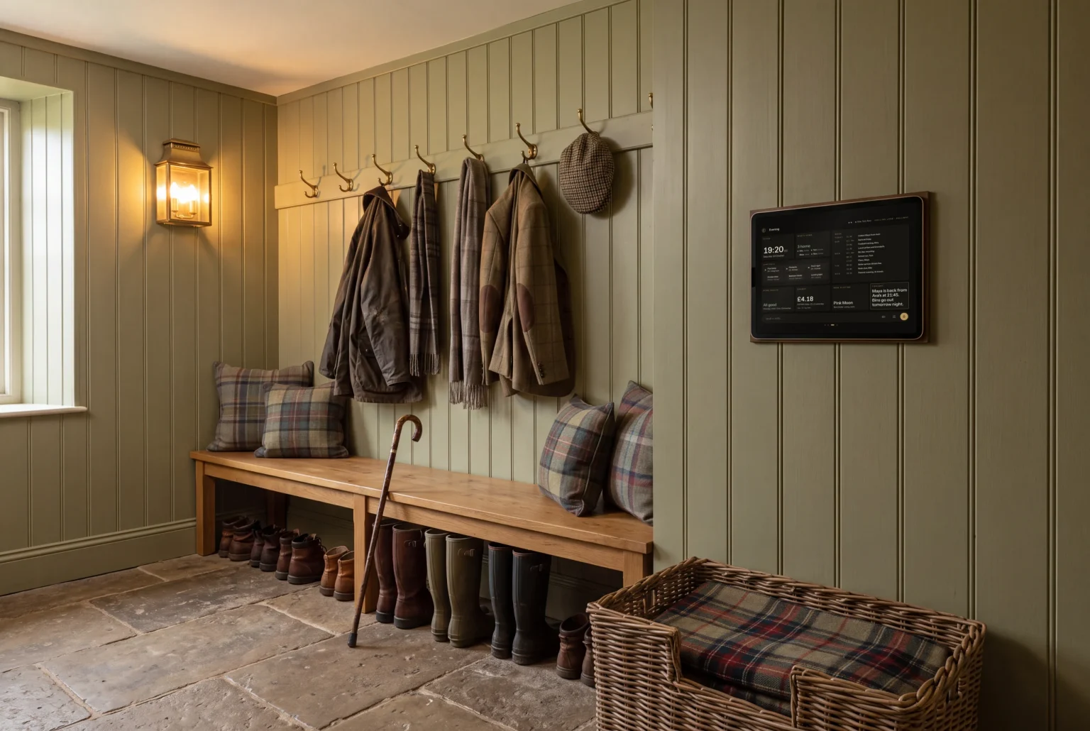 A boot room with waxed jackets and boots, a wall panel beside the coats.