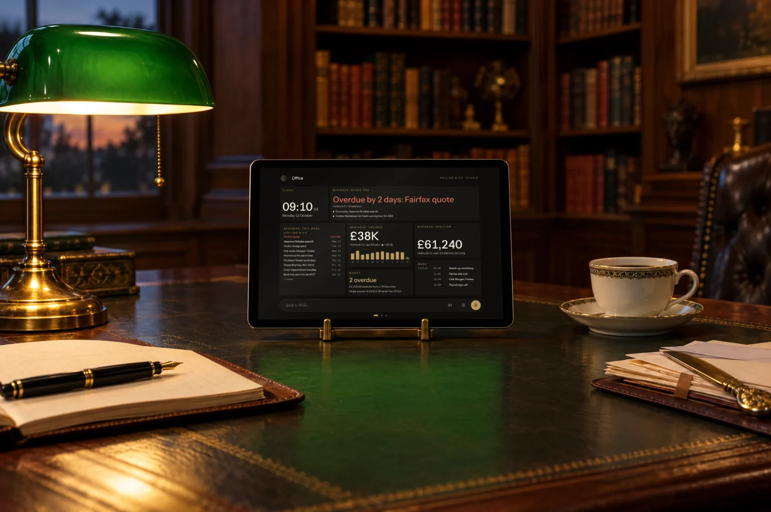 A tablet on a brass stand on a leather desk, showing takings, the bank position and what needs you.