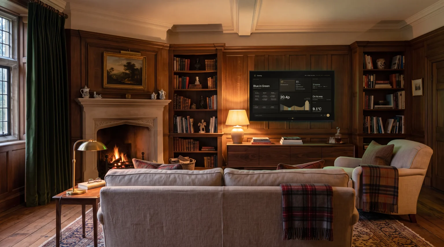 A panelled drawing room in the evening, the television showing the house at a glance.