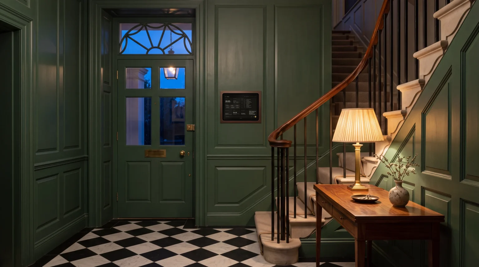 A Georgian entrance hall at dusk, with the wall panel set into green panelling beside the front door.