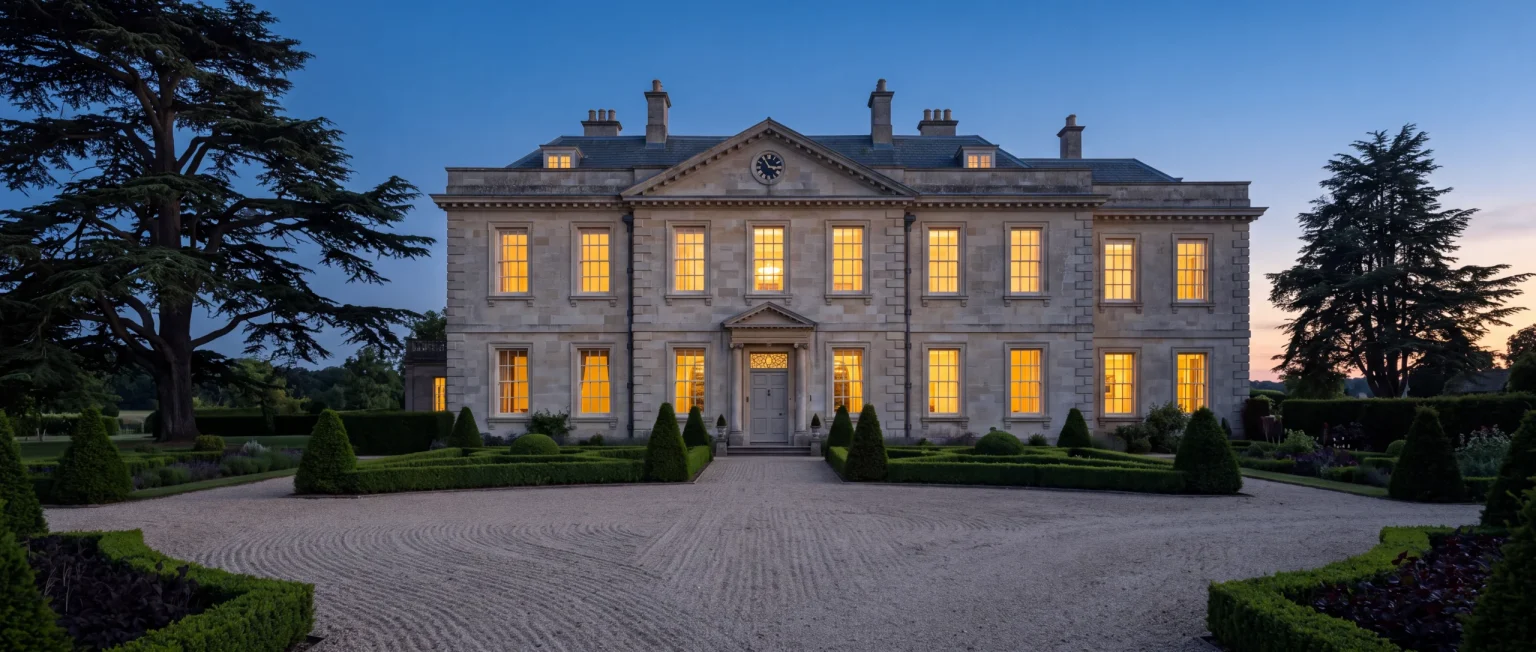 A pale stone Georgian country house at blue hour, its windows lit.