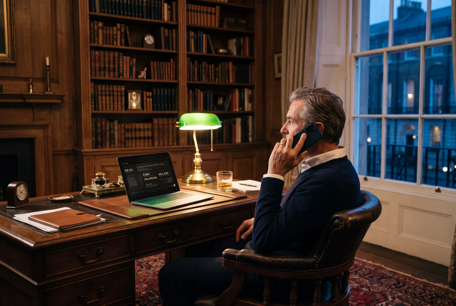 A man on a call in an oak-panelled study, the office scene open on his laptop.