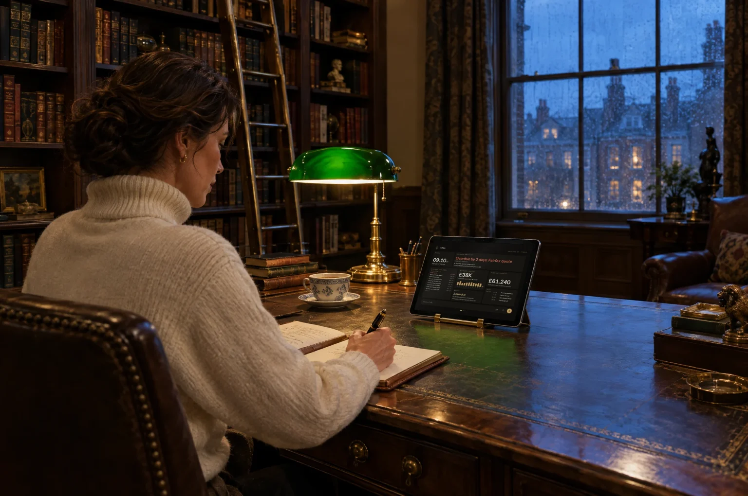 A woman writing at a leather-topped desk in a book-lined study, the office scene on a tablet beside her.
