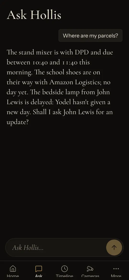 Ask: a question about parcels answered with carriers, times and an offer to chase the late one.