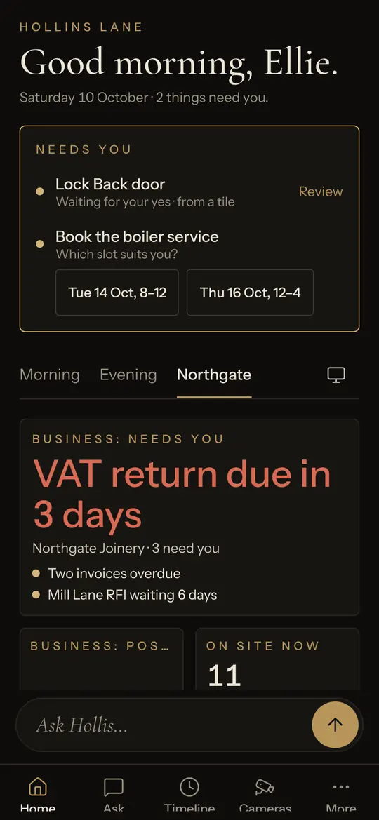 A business scene on the phone: the VAT return due in three days, two invoices overdue and eleven people on site.