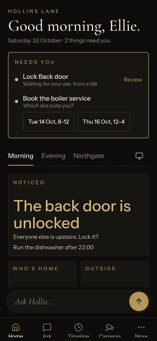 The phone’s home screen: a greeting, two things that need you, and the Morning scene.