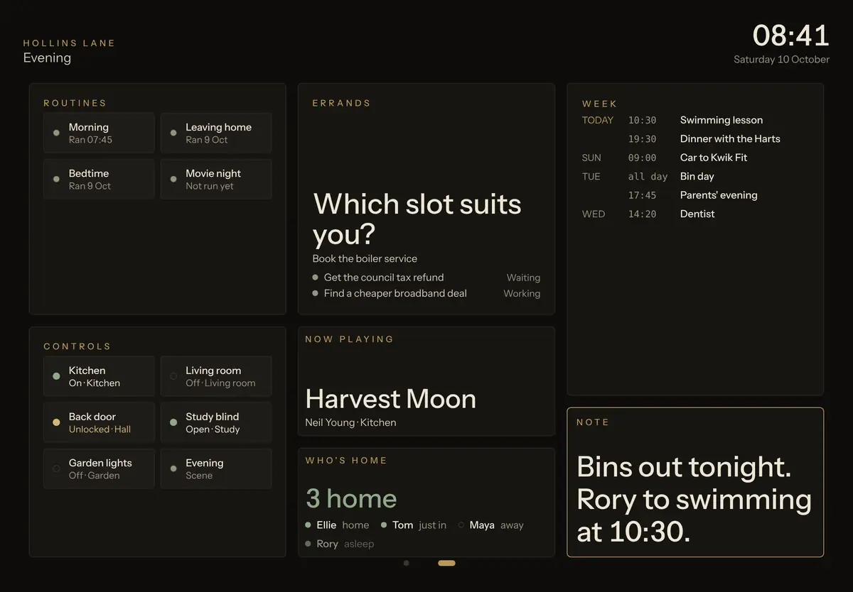 The Evening scene: routines to run, the house controls, and an errand asking which slot suits for the boiler service.