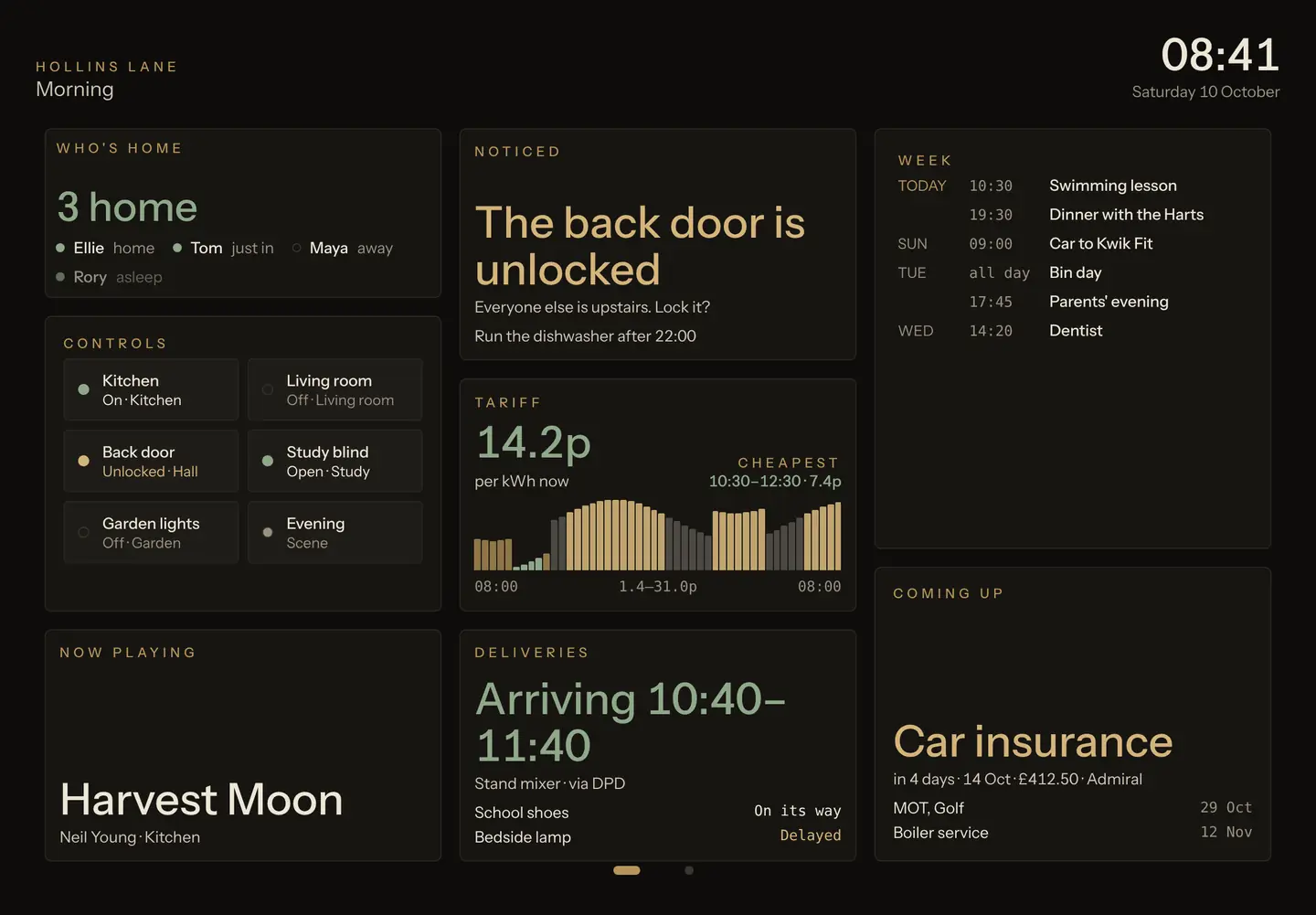 The Castald wall panel at 08:41 on a Saturday: three people home, the back door unlocked, the cheapest electricity from 10:30, a parcel arriving between 10:40 and 11:40, and the week ahead.