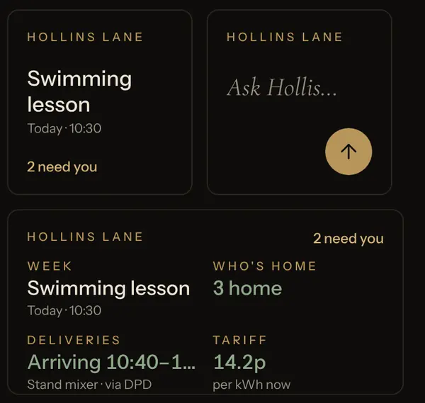 The small and medium widgets: the next event, a box to ask your steward, and a summary of the household.